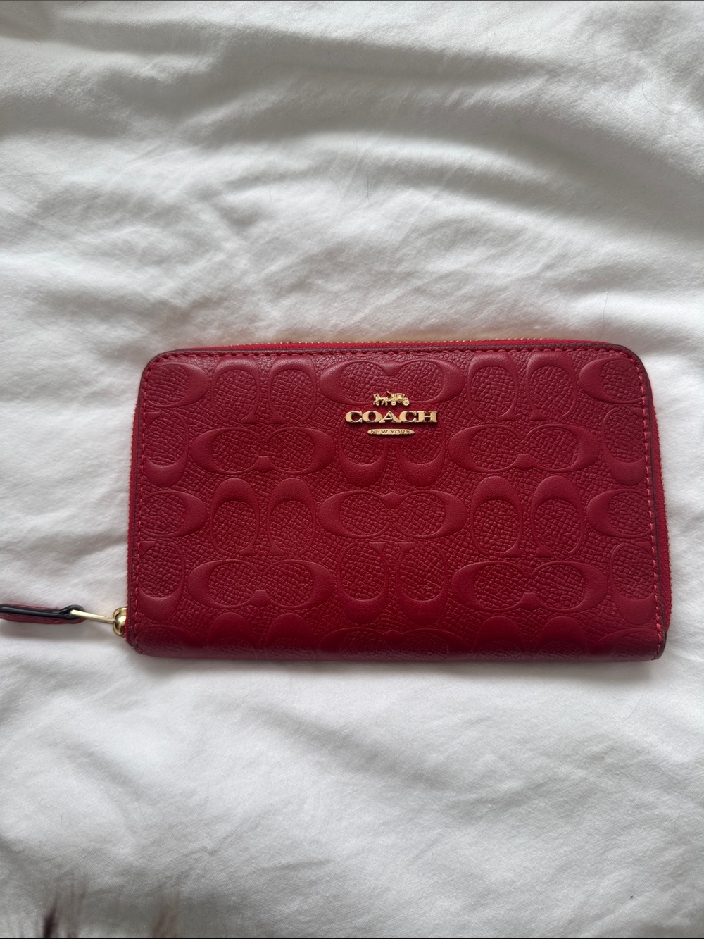 COACH Red Embossed Signature Zip Wallet with Gold Logo